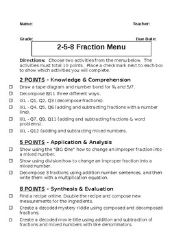 Preview of Fractions 2-5-8 List Menu