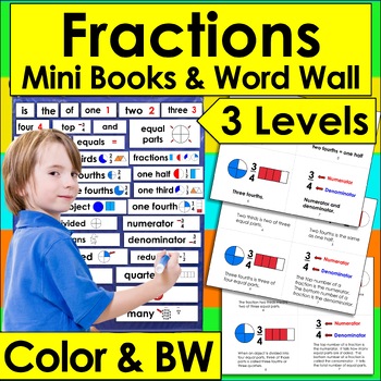Preview of Fractions Mini Books Mini Worksheets First Grade 3 Levels Illustrated Word Wall