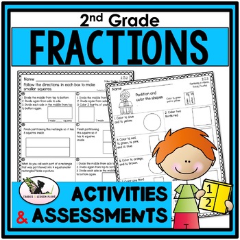 Preview of Fractions Worksheets with Halves, Thirds, Fourths and Assessments for 2nd Grade