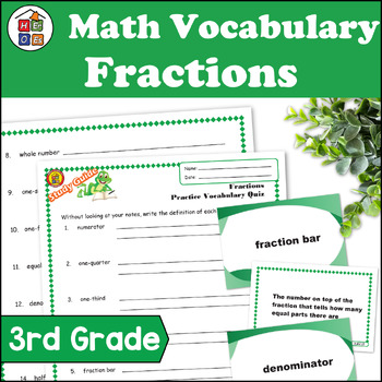 Preview of Fractions | 3rd Grade Math Vocabulary Study Guide Materials and Quizzes