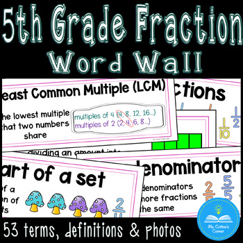 Preview of Fractions - 53 Math Vocabulary Word Wall Cards - Bulletin Board - low Prep