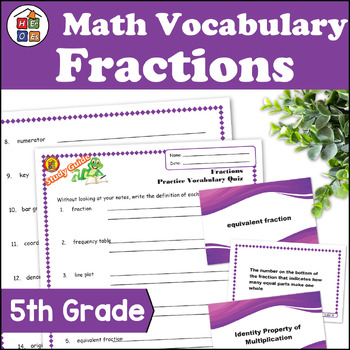 Preview of Fractions | 5th Grade Math Vocabulary Study Guide Materials and Quizzes