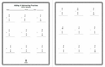 adding subtracting fractions with out regrouping worksheet and answer key