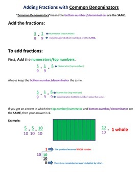 Preview of Fractions: Adding Fractions with Common Denominators