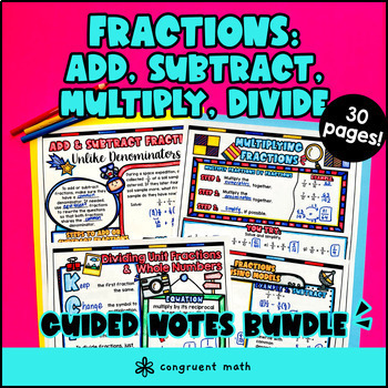 Preview of Fractions Adding Subtracting Multiplying Dividing Guided Notes with Doodles
