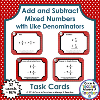 Preview of Task Cards • Fractions • Add and Subtract Mixed Numbers with Like Denominators