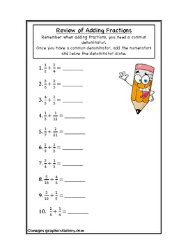 fractions addition review worksheet by teaching high school math