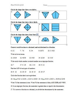 Preview of Fractions Assessment (Quiz)