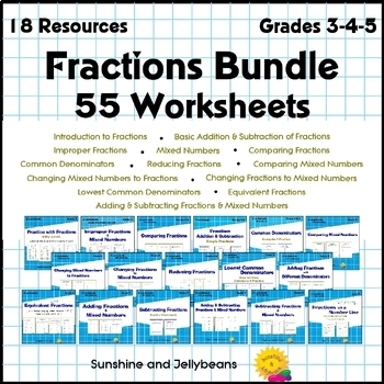 Preview of Fractions BUNDLE - 55 Worksheets - Addition, Subtraction & more! Grades 3-4-5