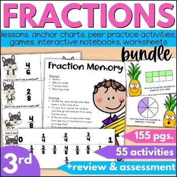 Preview of 3rd Grade Fractions Anchor Charts, Games, Practice Activities, Review Worksheets