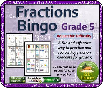 Preview of Fractions Bingo Math Game Grade 5