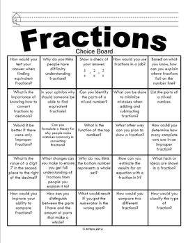 Preview of Fractions Choice Board - BINGO Board