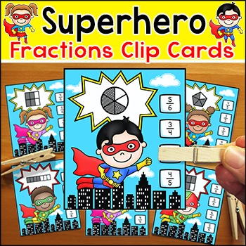 Preview of Superhero Theme Fractions Clip Cards Math Center