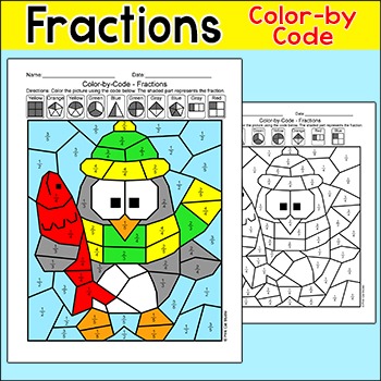 Preview of Penguin Math Fractions Color by Number: Halves, Fourths & Fifths Fraction Review