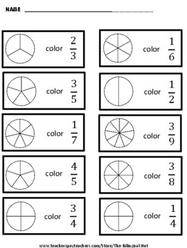 Fractions - Color the fractions - Fraction by The Bilingual Hut | TPT