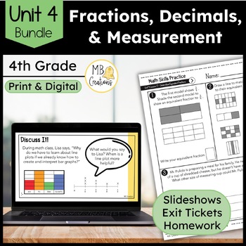 Preview of 4th Grade Fractions, Decimals, Measurement Slides/Worksheets -iReady Math Unit 4