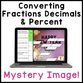 Preview of Fractions Decimals Percent | Happy New Year | Math Mystery Digital Activity