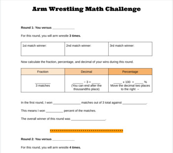 Preview of Fractions, Decimals, Percentages Arm Wrestling Challenge
