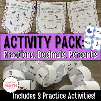 Preview of Converting between Fractions Decimals Percents - Math Practice Activities BUNDLE