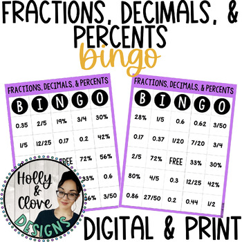 Preview of Fractions, Decimals, & Percents BINGO - Digital & Print Versions - NO PREP Game