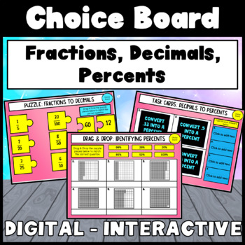Preview of Fractions Decimals Percents Digital Choice Board Drag and Drop Puzzle Task Cards