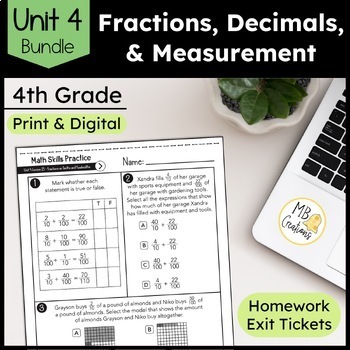 Preview of Fractions, Decimals, and Measurement - iReady Math 4th Grade Unit 4 Worksheets