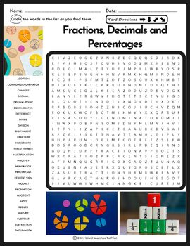 Preview of Fractions, Decimals and Percentages Word Search Puzzle