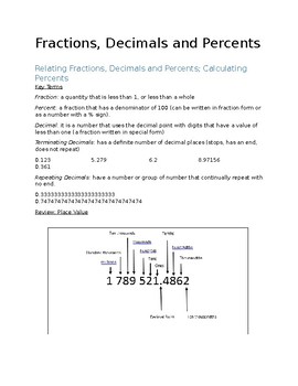 Preview of Fractions, Decimals and Percents