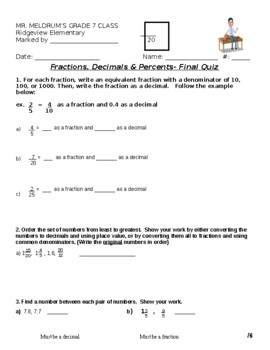 Preview of Fractions, Decimals, and Percents Final Quiz- Grade 7 Makes Makes Sense Unit 3