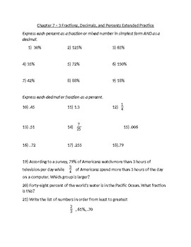Preview of Fractions,  Decimals, and Percents Practice Problems