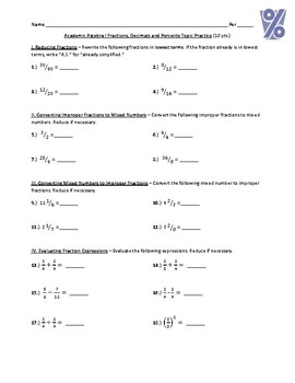 Preview of Academic Algebra I Fractions, Decimals and Percents Topic Practice