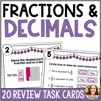 Preview of Fractions & Decimals in Tenths and Hundredths Task Cards - 4th Grade Math Center
