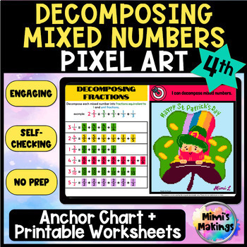 Preview of St. Patrick's Day Fractions - Decomposing Mixed Numbers Pixel Art Activity