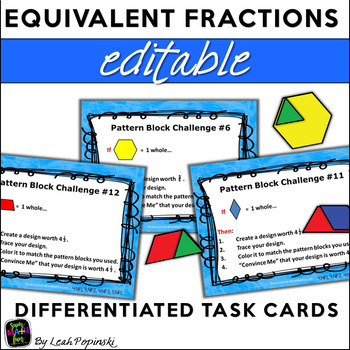 Preview of Editable Equivalent, Comparing Fractions Hands-On Pattern Blocks Math Activities