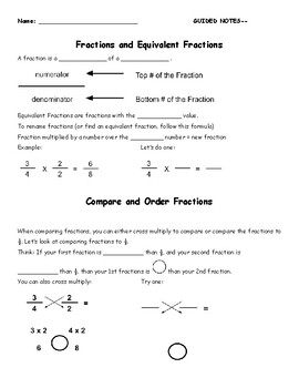 Preview of Fractions, Equivalent Fractions, Comparing and Ordering Fractions Guided Notes