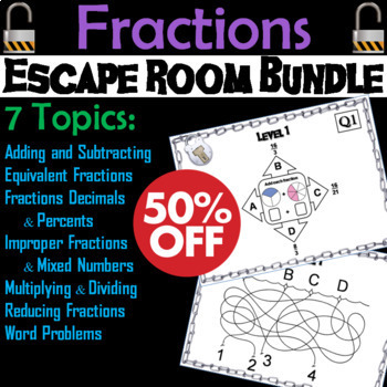 Preview of Operations with Fractions Escape Room Math Bundle: Improper, Mixed Numbers, etc.