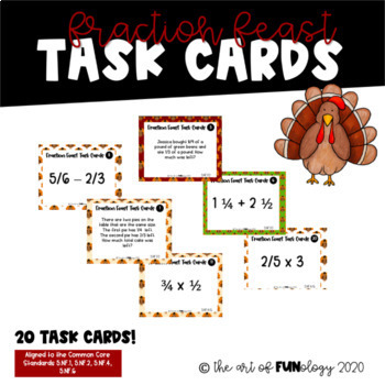 Preview of Fractions Feast Task Cards | 5.NF.1, 5.NF.2, 5.NF.4, 5.NF.6
