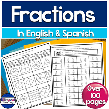 Preview of Fractions Fracciones Worksheets in English and Spanish