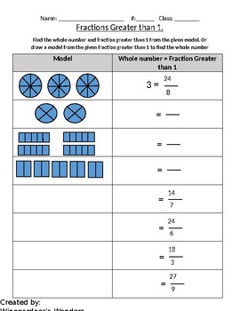 Preview of Fractions Greater than 1. Relate Fractions and whole numbers
