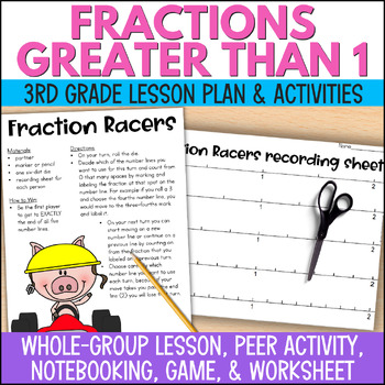Preview of Fractions Greater than One on a Number Line Game, Review Activities, & Worksheet