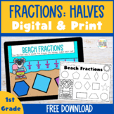 Fractions Halves Digital Game and Print Worksheet | End of