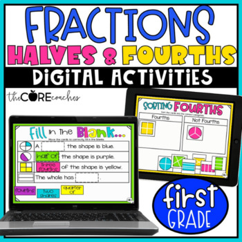 Preview of Fractions Halves & Fourths - Digital Math Practice Activities - 1st Grade Math