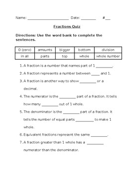 Preview of Fractions Key Terms Review Quiz or Test