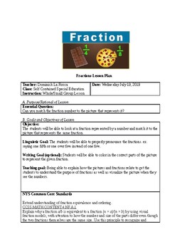 Preview of Fractions Lesson Plan for Autistic Population