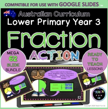Preview of Fractions Digital Slideshow Year 3 third grade Maths Lessons 62 Slides