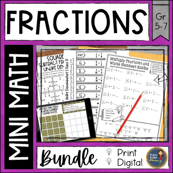 Preview of Fractions Math Activities Bundle Puzzles & Riddles - No Prep - Print a& Digital