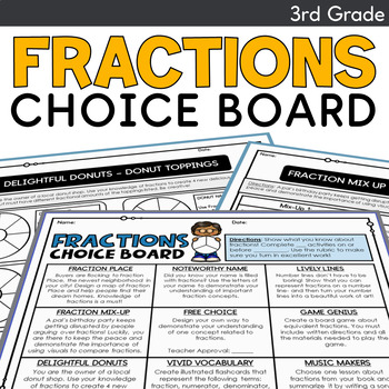 Preview of Fractions Math Choice Board Activities 3rd Grade