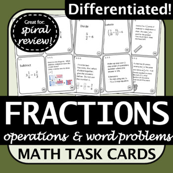 Preview of Fractions Math Task Cards | Versatile, Engaging | Differentiated Spiral Review