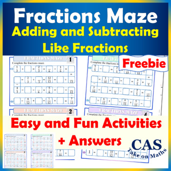 Preview of Fractions Maze | Add and Subtract Like Fractions| Worksheets + Answers | Freebie