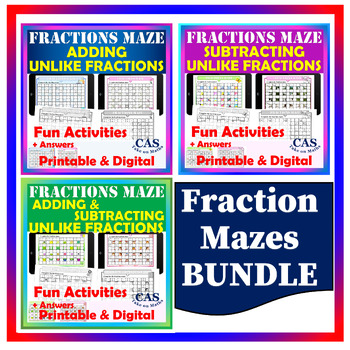 Preview of Fractions Mazes Bundle - Adding and Subtracting Unlike Fractions